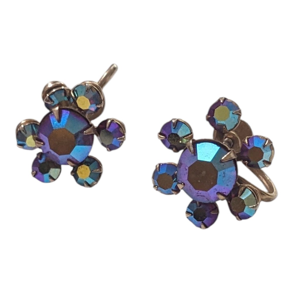 Vintage Weiss‎ Aurora Borealis Rhinestone Flower Adjustable Screwback Earrings